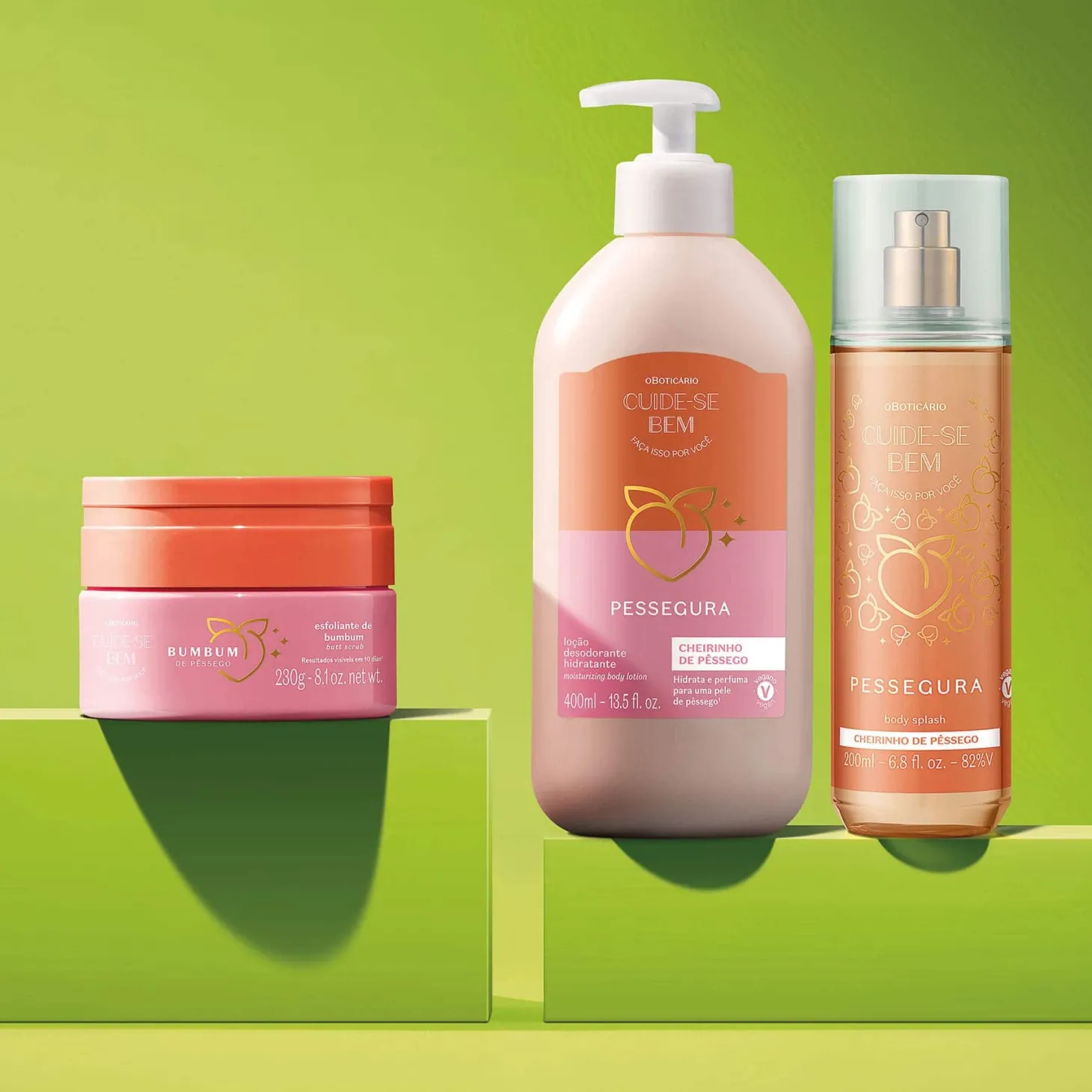 Combo Cuide-se Bem Pessego: Locion Corporal 400ml + Body Splash 200ml + Crema Exfoliante 230g