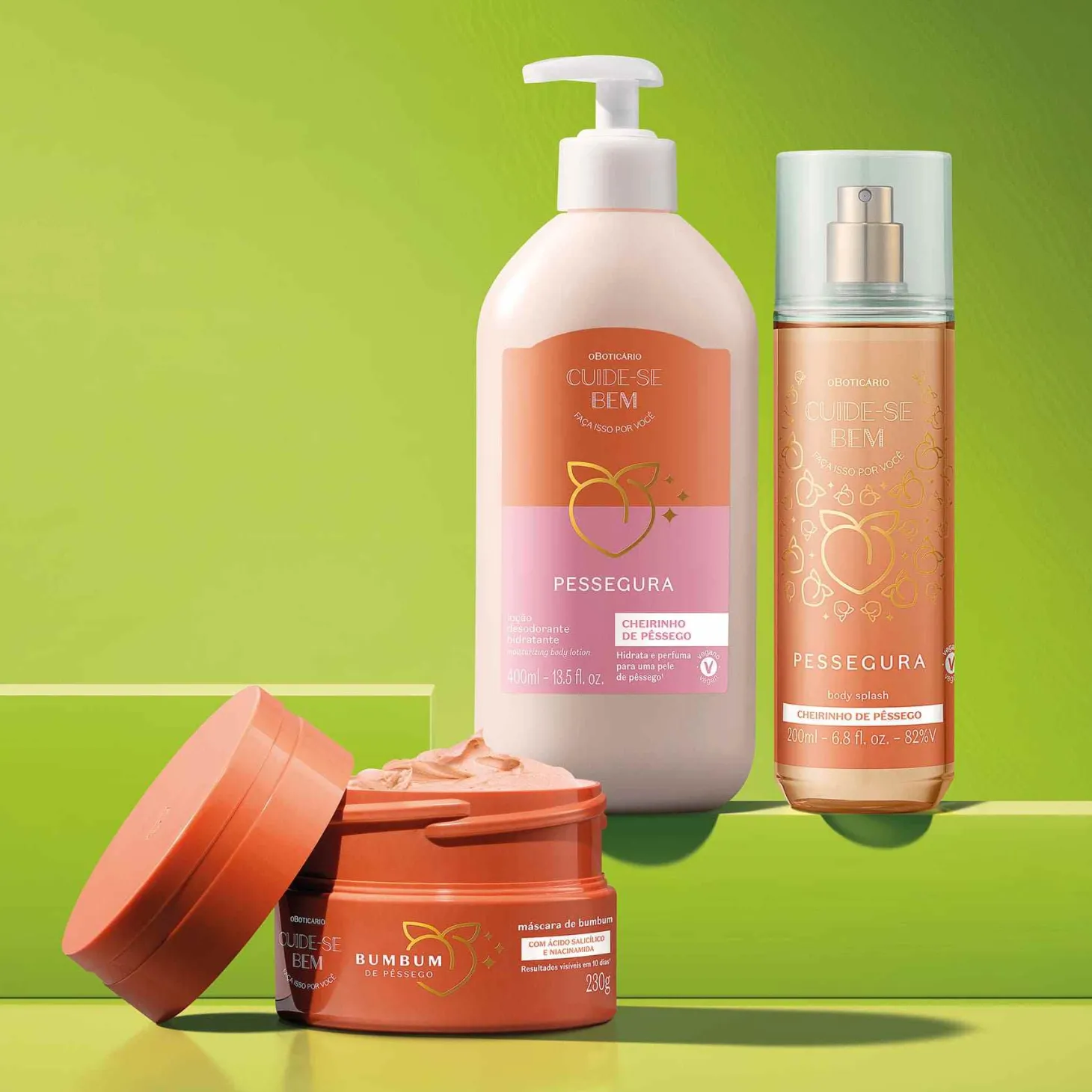 Combo Cuide-se Bem Pessego: Locion Corporal 400ml + Body Splash 200ml + Máscara de Hidratacion 200g